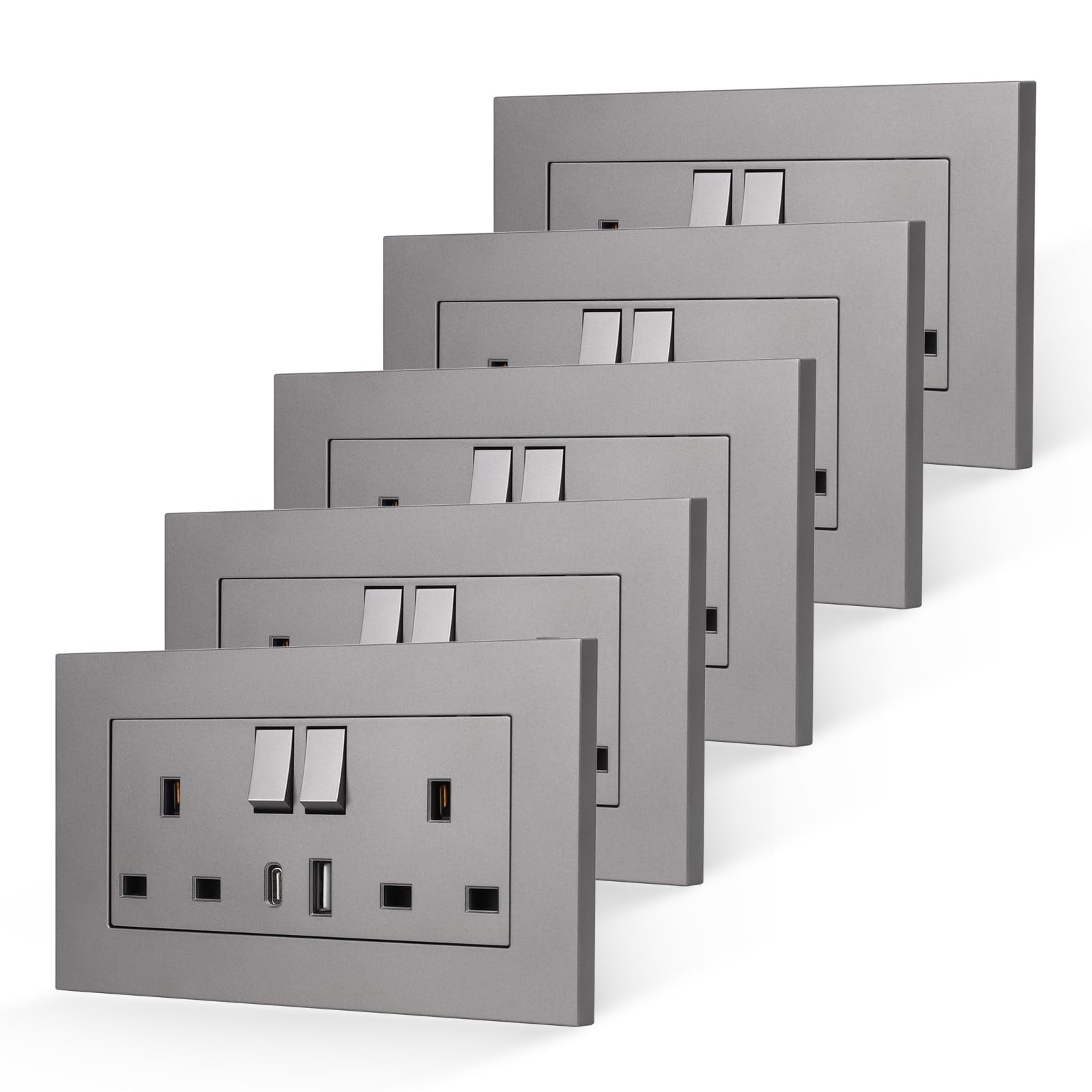 CNBINGO 5 Pack Double Socket with USB, Double Plug Sockets with USB C Ports Grey Wall Outlet Electric Socket