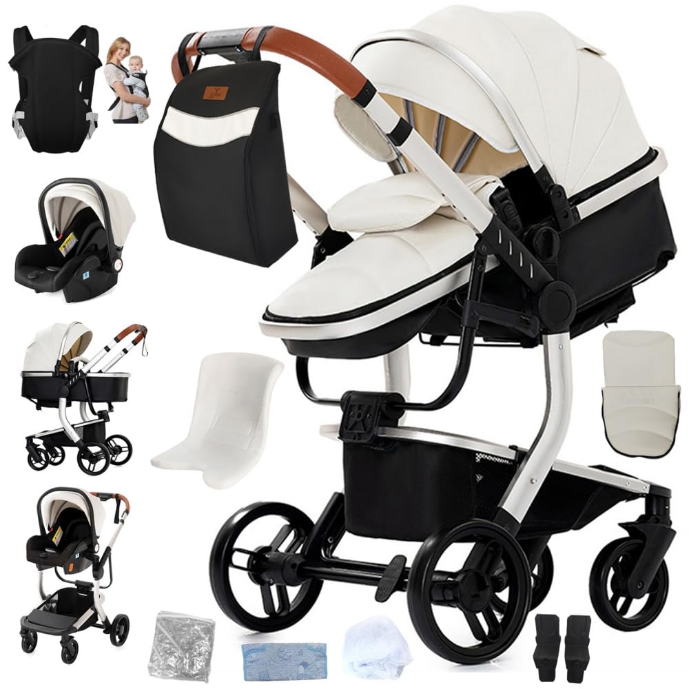 3 in 1 Kinderwagen Weiß verstellbar mit Autositz Zubehör Kompakt zusammenklappbar