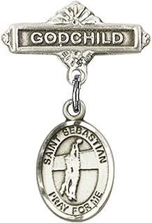 Sterling Silver Baby Badge with St. Sebastian/Volleyball Charm and Godchild Badge Pin 1 X 5/8 inches