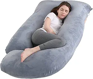 J Shaped full body pregnancy pillow with velvet cover, grey