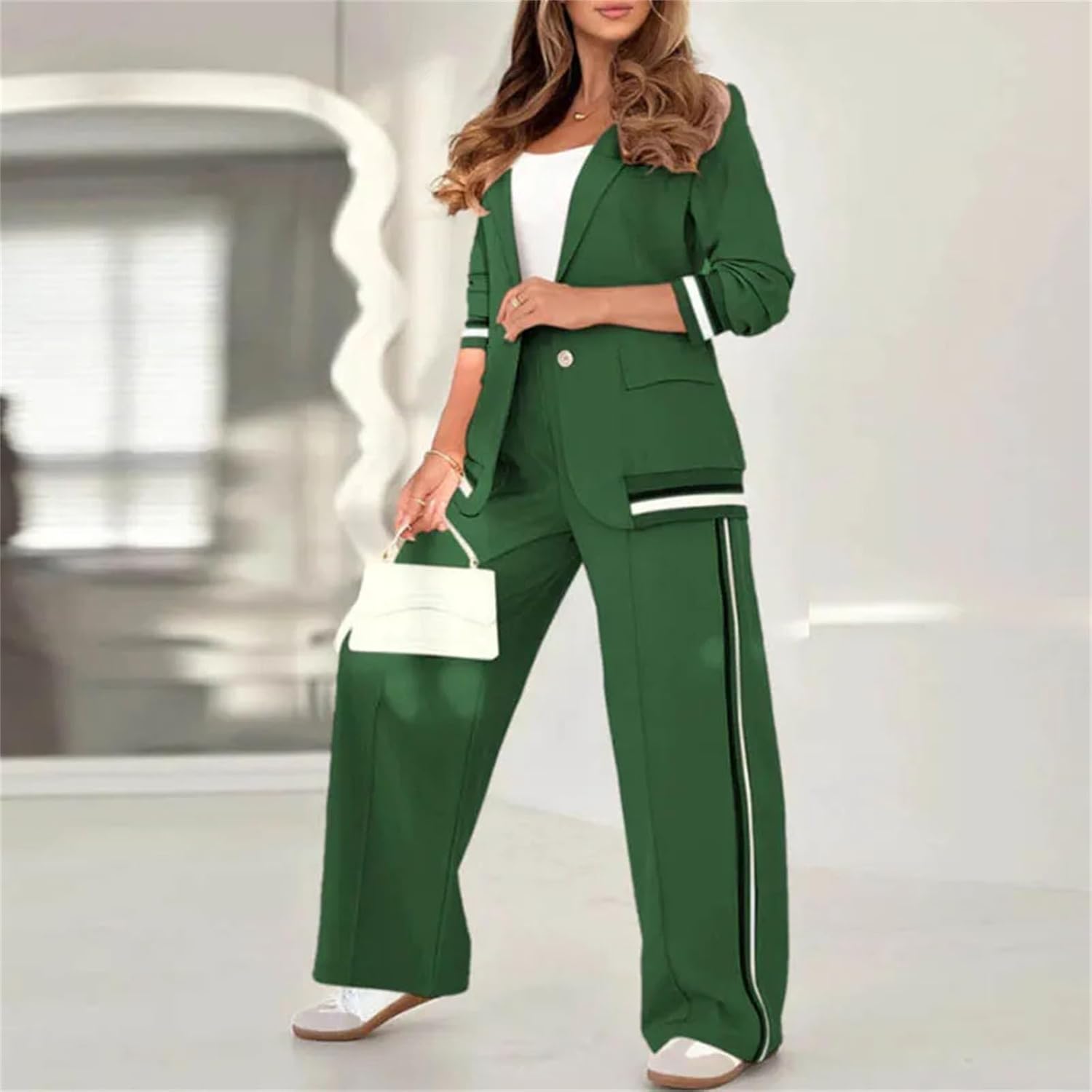 Women's Long Coat & Wide Leg Pants Set, Spring Transitional Office Wear for Business Ladies