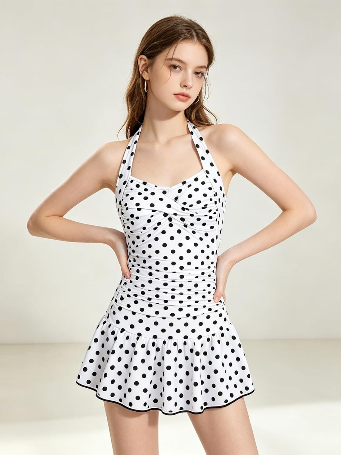 Size 10-17Y Teen Girls Swimsuits Halter Neck Polka Dots Two Piece Cover Up Skirt Bathing Suit Swimwear