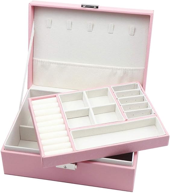 Homeanda Jewellery boxes 2 layer jewellery box Leather jewellery boxes for Women Girls Teens Jewelry organizer box Jewelry Storage box with lock (1#Pink)