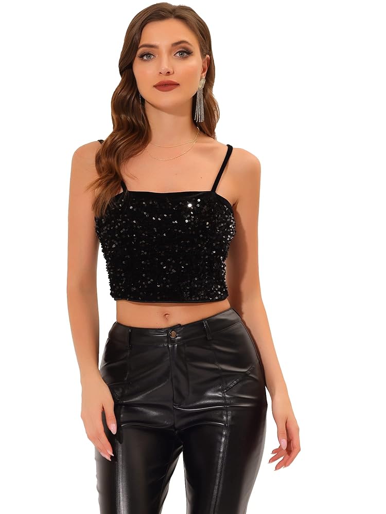 Allegra K Sequined Cami Top for Women's Velvet Spaghetti