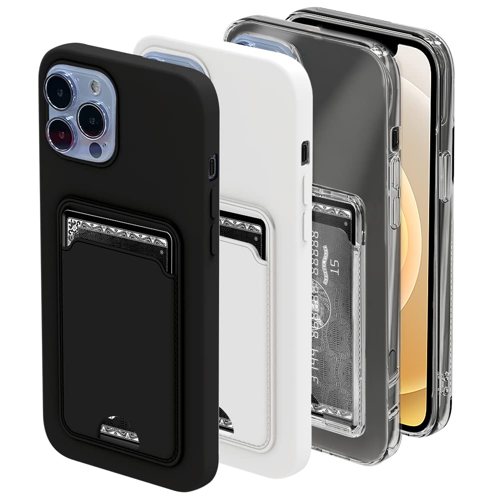 MIDOLA 3PCS Silicon Gel Case for iPhone 13 Pro Max 13P Max with Card Holder Shockproof Slim Protective Purse 6.7 Inch (Black & White & Transparent)
