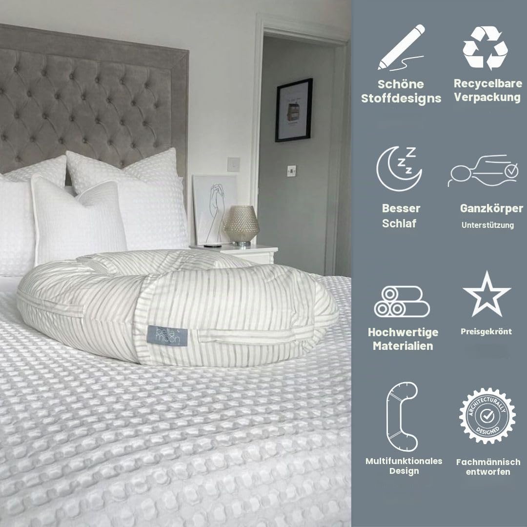 BellaMoon 3-in-1-Schwangerschaftskissen – Ganzkörperstütze für Schwangere – Verstellbare C-Form zum Schlafen, Stillen & Babyliegen – Abnehmbarer, waschbarer Bezug aus Bio-Baumwolle (Summer Bed)