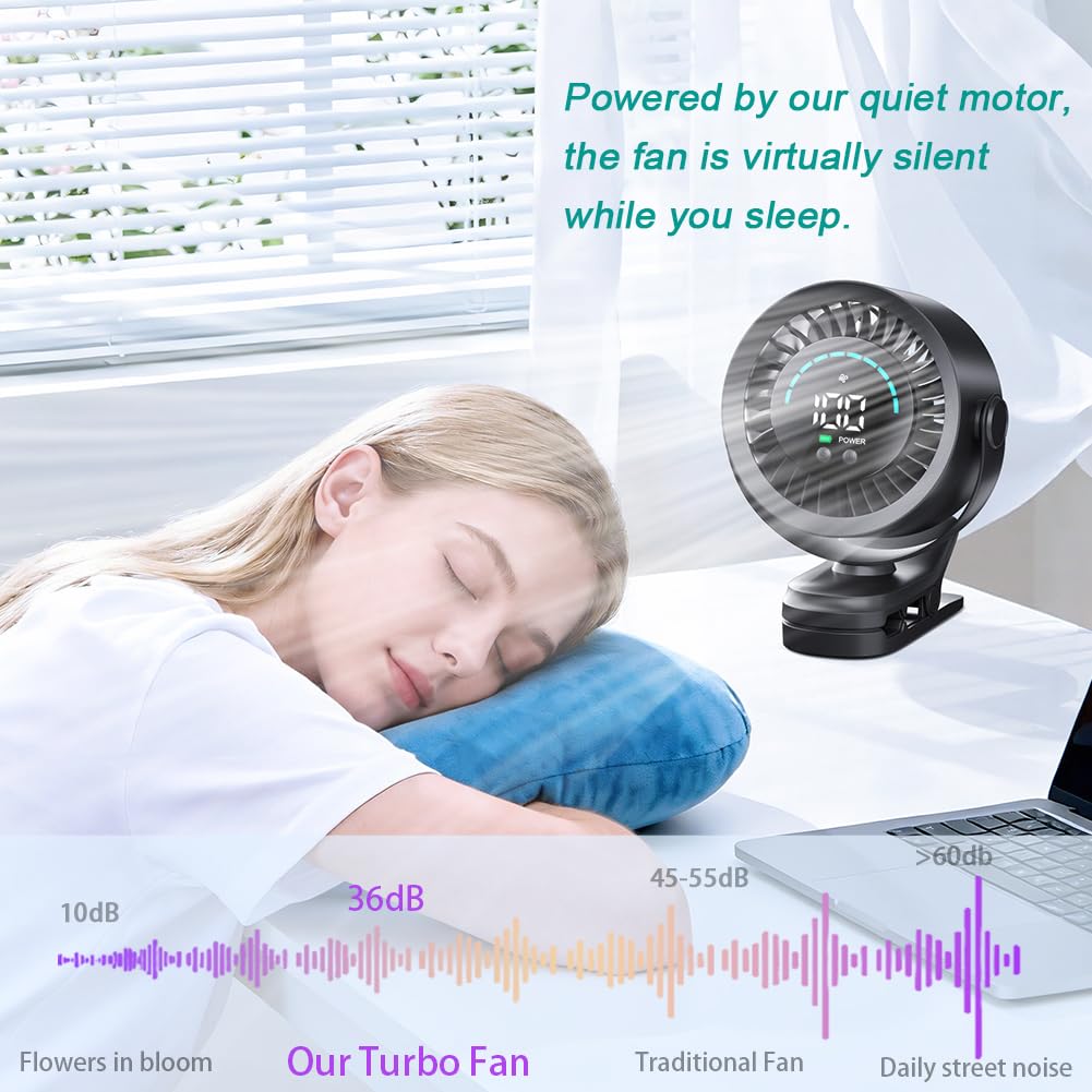 Ventilateur de poussette ultra silencieux 2026, 100 vitesses, 5 modes, affichage LED, rotation à 360 °, ventilateur à clip avec crochet pour camping et landau, ventilateur de bureau portable