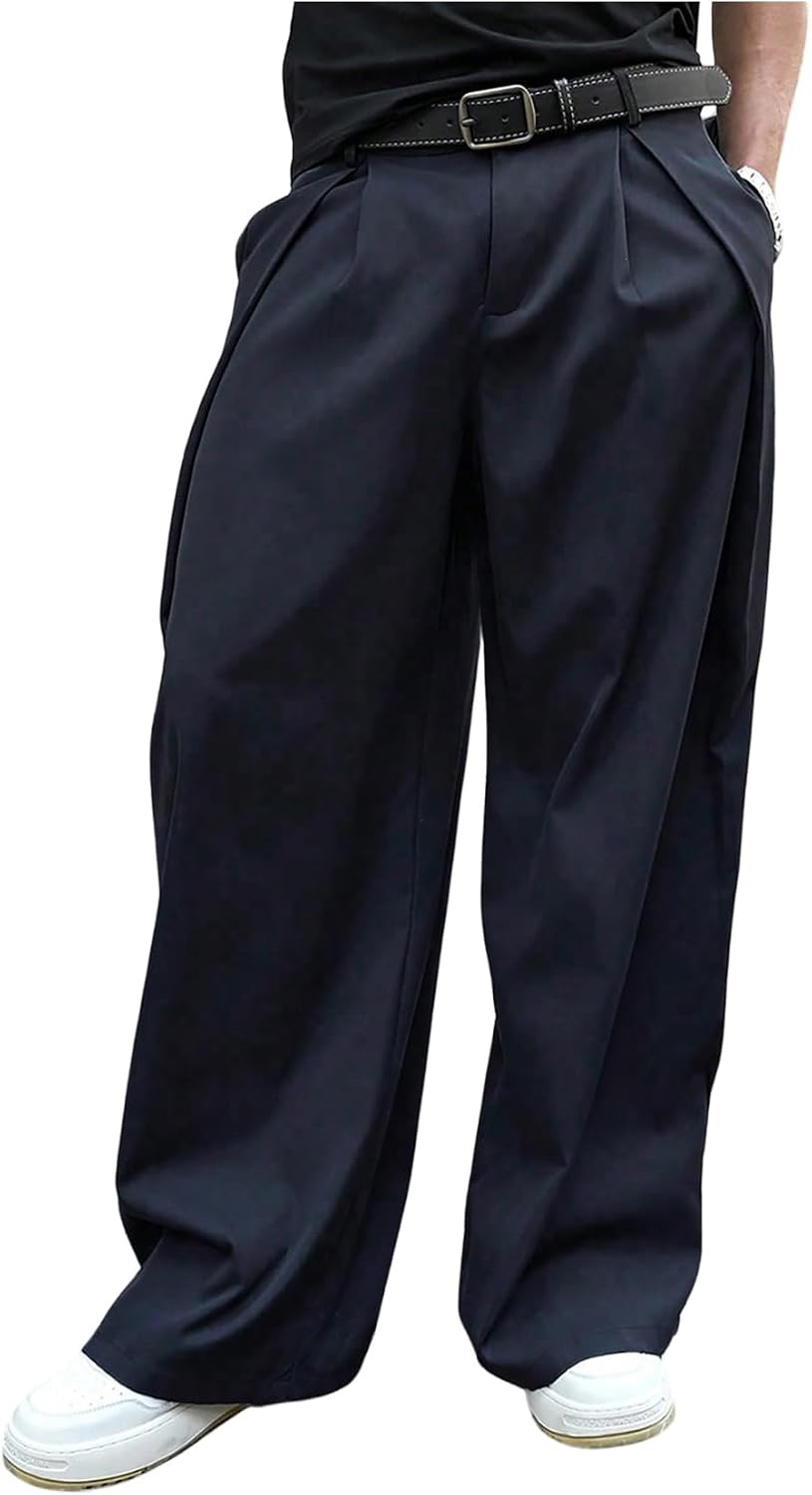 Floerns Men's Baggy Wide Leg Pants Business Loose Pleated Casual Trousers with Pocket