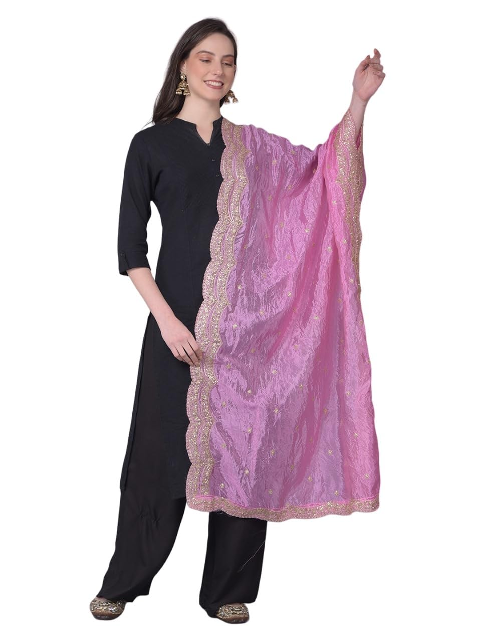 A R Silk Women's Baby Pink Gold Zari Work Embroidered Fancy Dupatta(ARS0989)