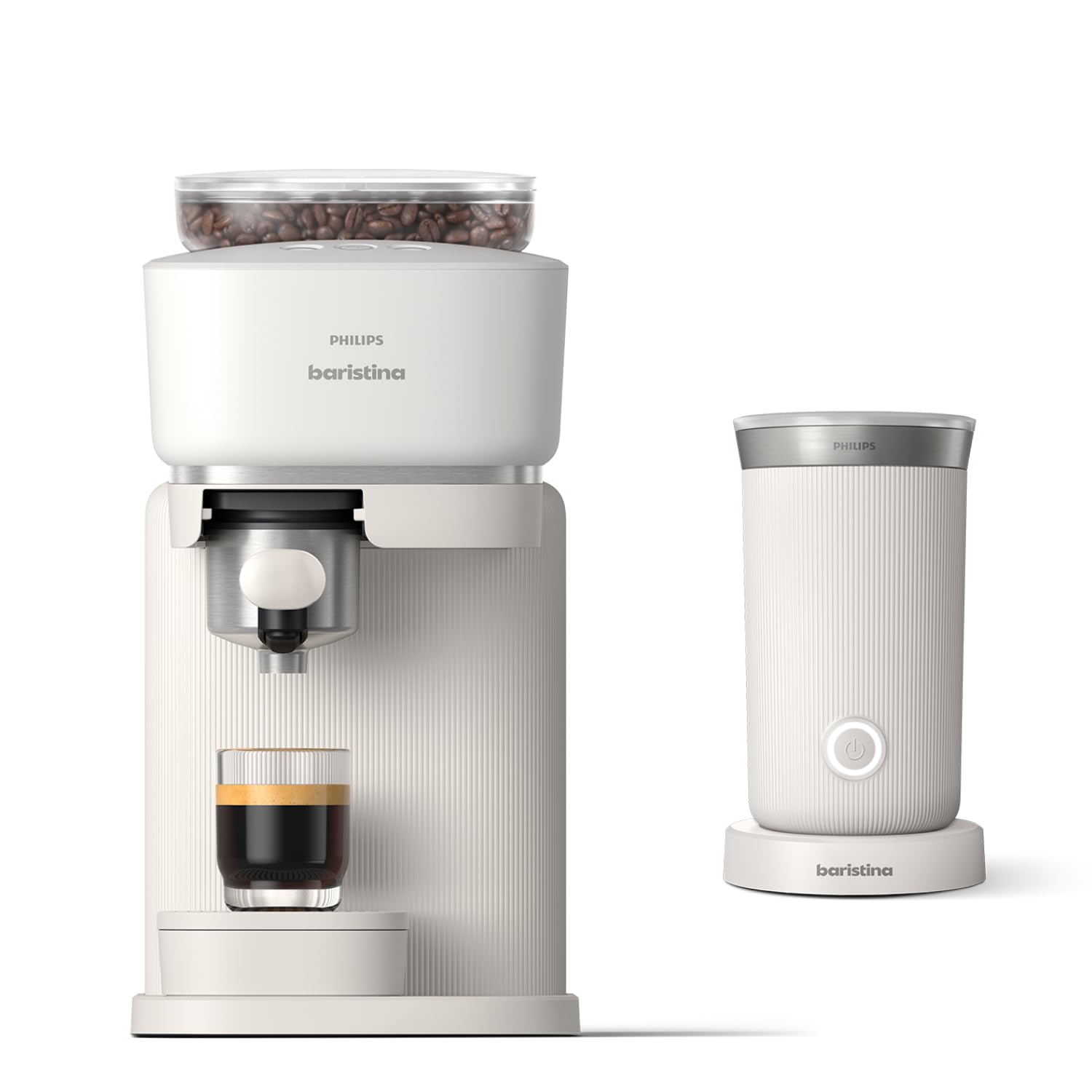 Philips Baristina Machine à expresso - Mousseur à lait inclus - Un véritable expresso, en toute simplicité - 16 bars de pression - Broyeur intégré - Machine blanche avec porte-filtre blanc (BAR303/00)