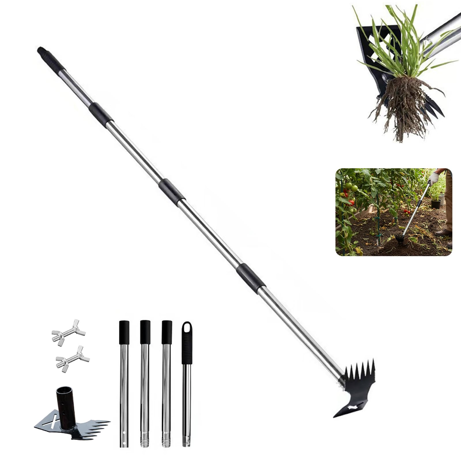 Photo 1 of Gardening Weeder Tools with Long Handle, 60 inch Heavy Duty Weed Puller Tool, 2 in 1 Hand Weed Rake and Garden Hoe, Manual Uprooting Weeding Tool for Garden Vegetable Backyard Loosening Planting