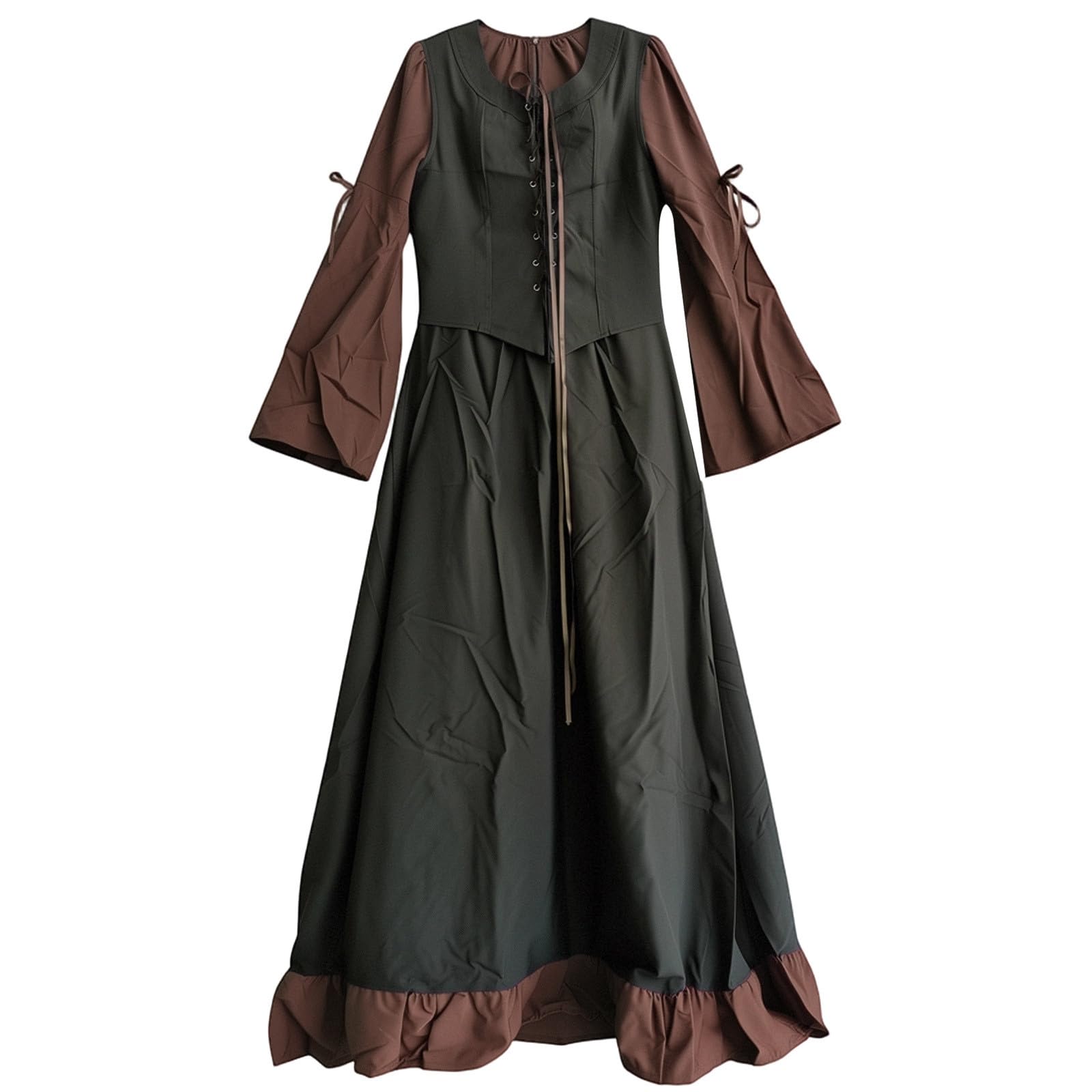Elegante Abito di Corte Medievale con Corpetto Arricciato, Chiusura con Fiocco al Collo e Maniche Trapezio di Grande Effetto, Ideale per Cosplay e rievocazioni storiche.
