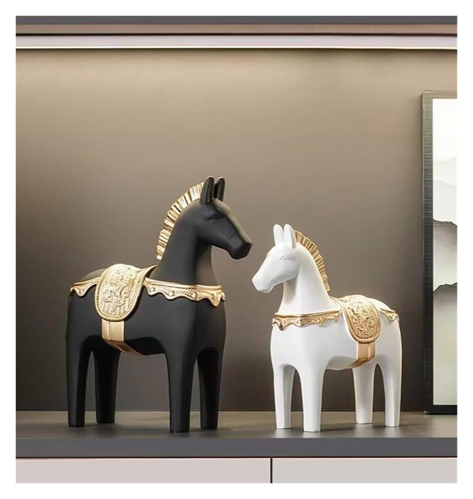 Regalos de inauguración Figuras de Caballos Arte nórdico, Juego 2 esculturas Resina, Piezas Decorativas for el hogar Decoración única(Black and White)