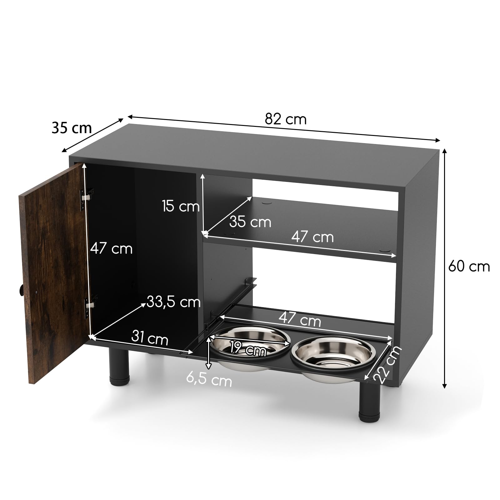 GYMAX Stazione di Alimentazione per Cani, Armadietto per Cibo per Cani, 2 Ciotole Rialzate in Acciaio Inox, 2 Ripiani Aperti, Mobile per Alimenti per Animali Elevato, 82 x 35 x 60 cm