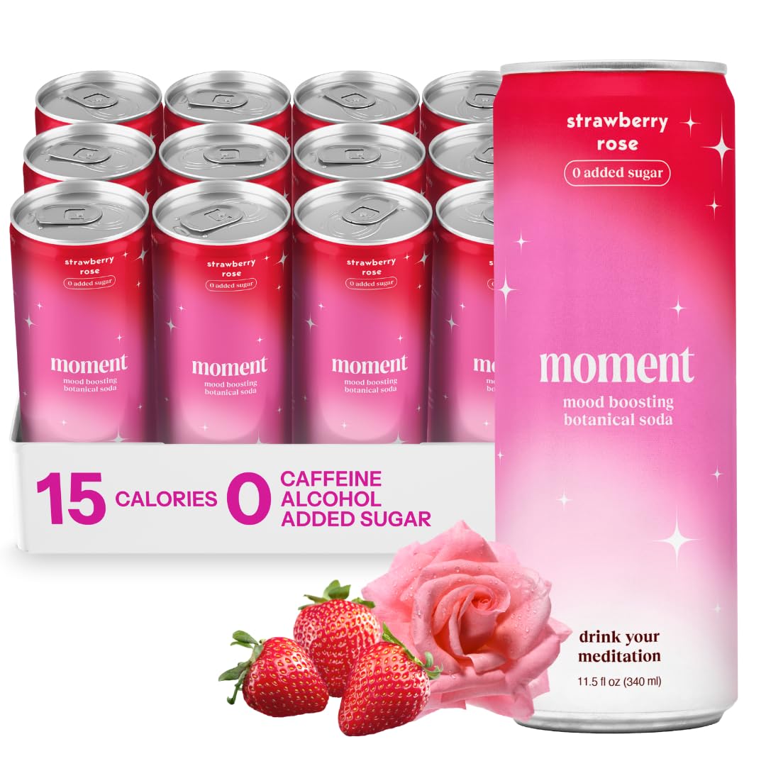 - Moment Botanical Soda Soft Drink (Shark Tank) - SPARKLING Drinks | Strawberry Rose | L-Theanine & Ashwagandha for Calm & Clarity | 0 Added Sugar 0 Caffeine | 12-pack