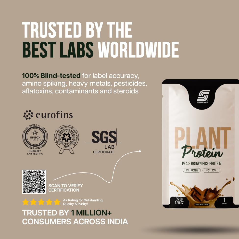 Image of Sparkfusion Plant Protein Powder Isolated Pea & Brown Rice Protein | 25g Protein per Sachet | 5.5g BCAA | Vegan, Gluten Free & Sugar Free | Coffee Mocha Flavour | Pack of 10 Sachets