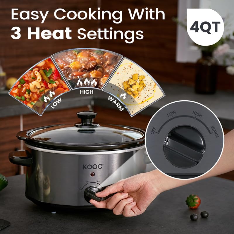 KOOC-4-Quart-Slow-Cooker-Free-Liners-Included-for-Easy-Clean-up-3-Temperature-Settings-Dishwasher-Safe-Crock-Stainless-Steel-GREY-Ellipse KOOC 4 Quart Slow Cooker Free Liners Included for Easy Clean up 3 Temperature Settings Dishwasher Safe Crock Stainless Steel GREY Ellipse