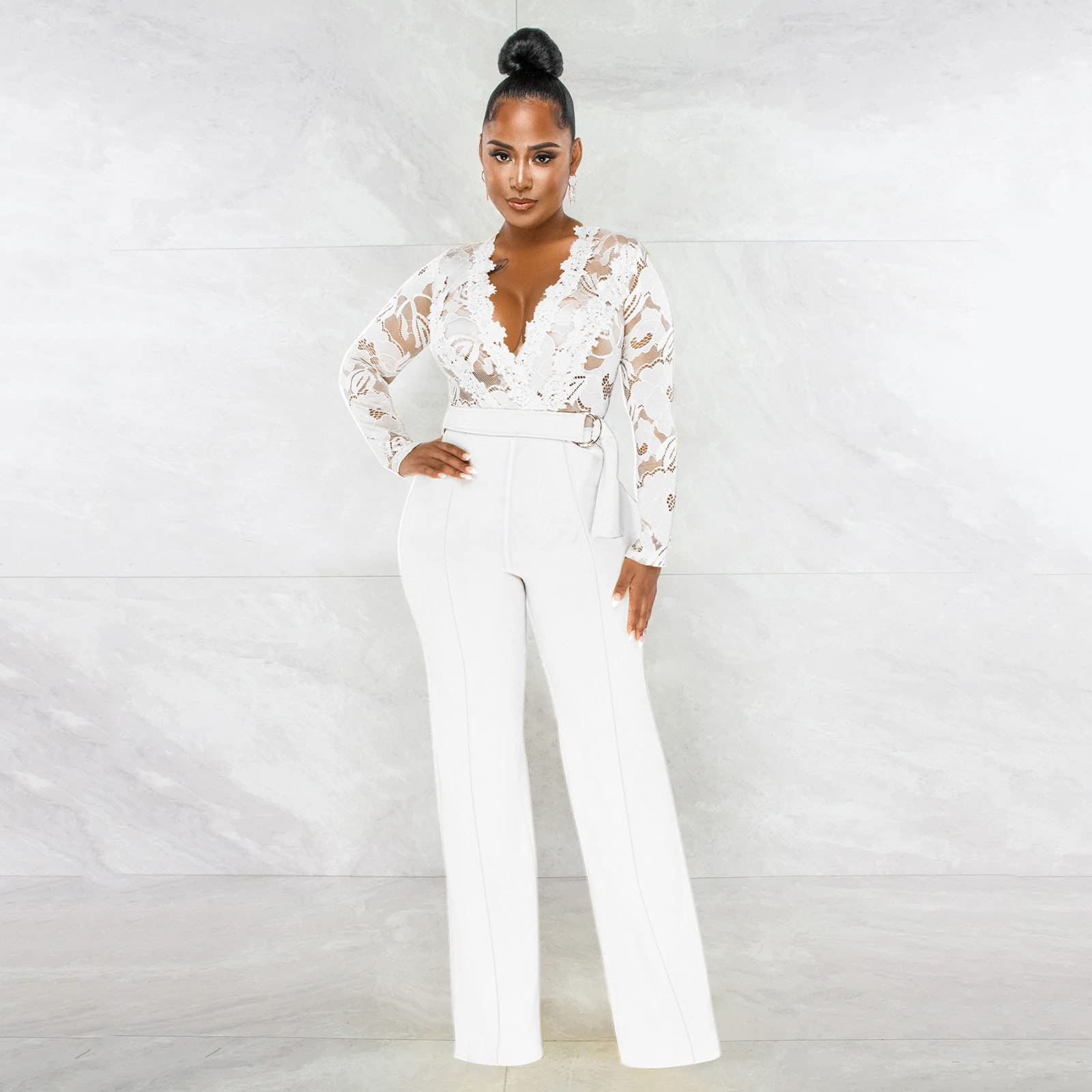 Generisch Mono para mujer, traje de pantalón, conjunto de mono de manga larga para mujer, mono de club, de encaje, bodycon