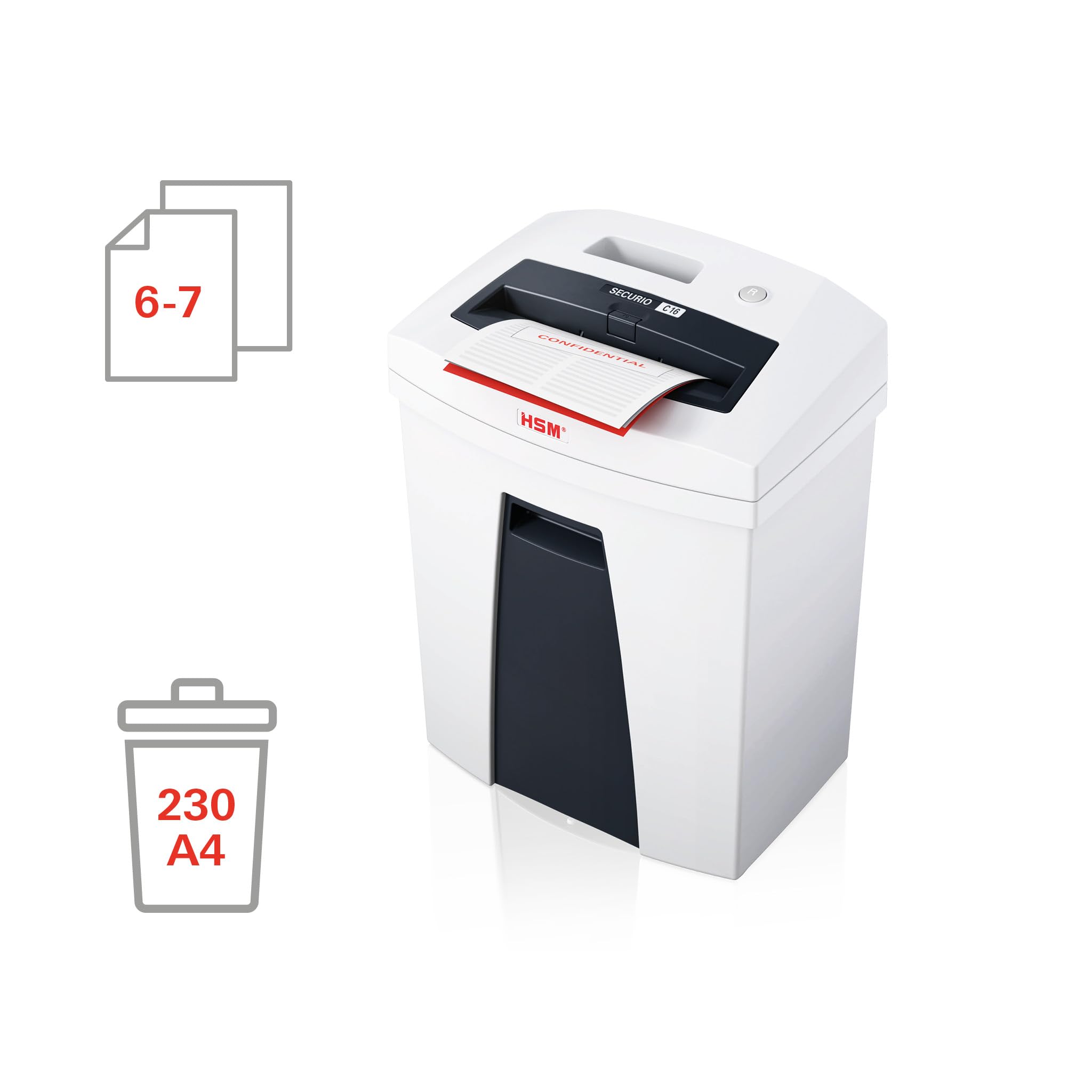 HSM SECURIO C16 Aktenvernichter I Partikelschnitt 4x25 mm I 7 Blatt | Sicherheitsstufe P-4 I Office Schredder für Papier, Kreditkarten, Heft- und Büroklammern I 25l Behälter I 5 Jahre Garantie