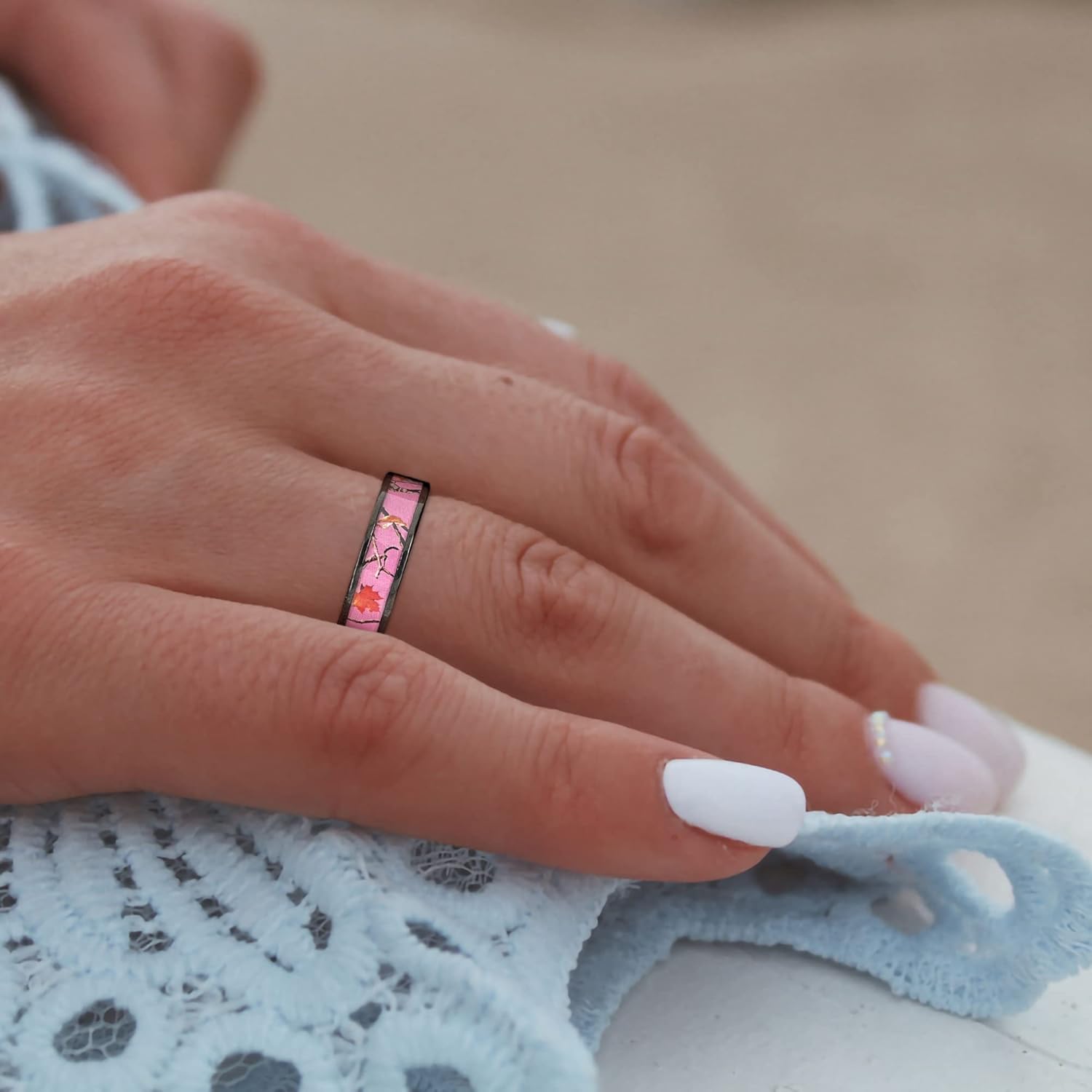 Pink Womens Black Camo Wedding Rings Set Stainless Steel Engagement Rings