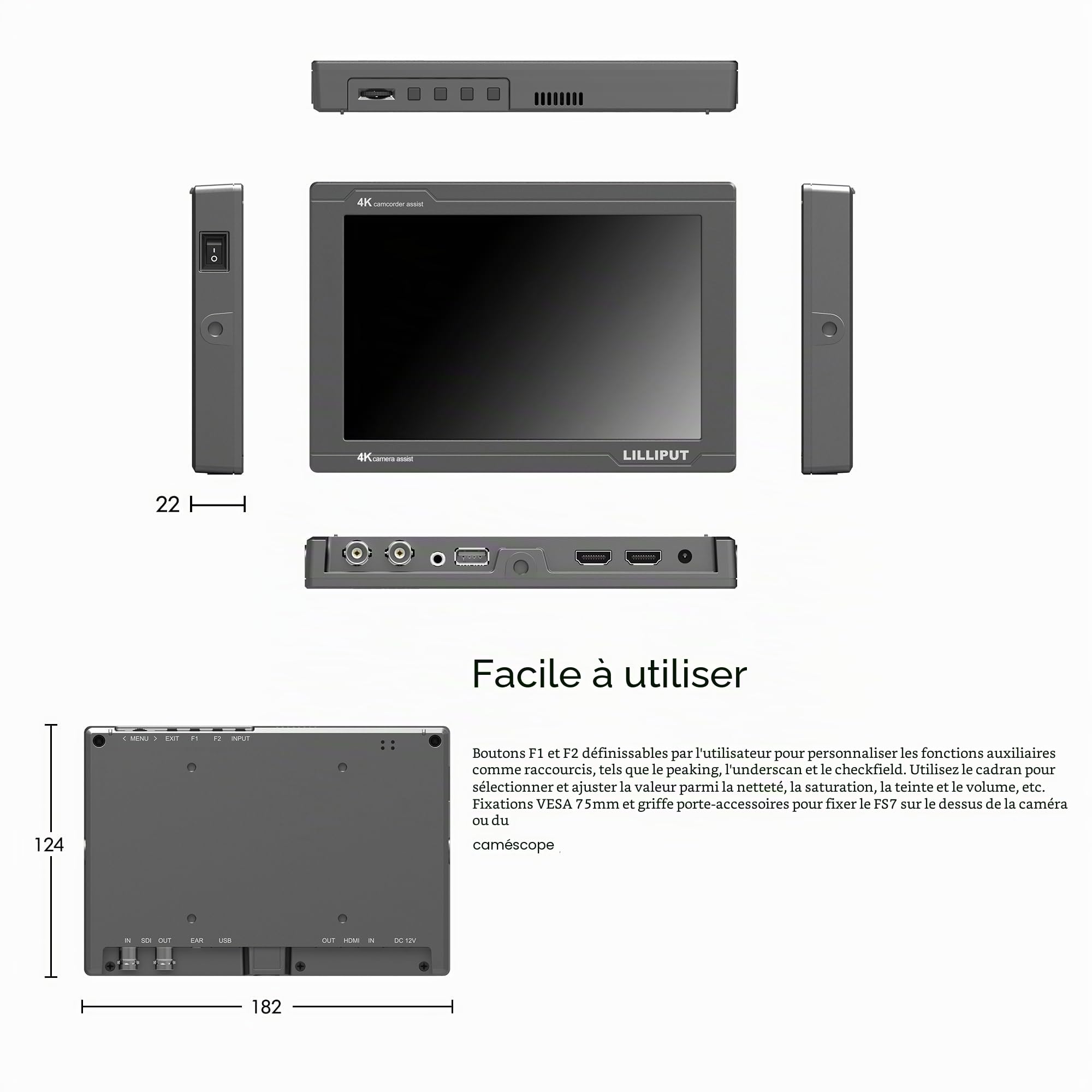 LILLIPUT FS7 Moniteur Caméra LCD 7" 1920 x 1200 FHD avec Forme d'onde VectorScope Histogramme Sortie HDMI 4K HDMI Field Monitor de Champ de caméra HDMI 1.4/3G-SDI