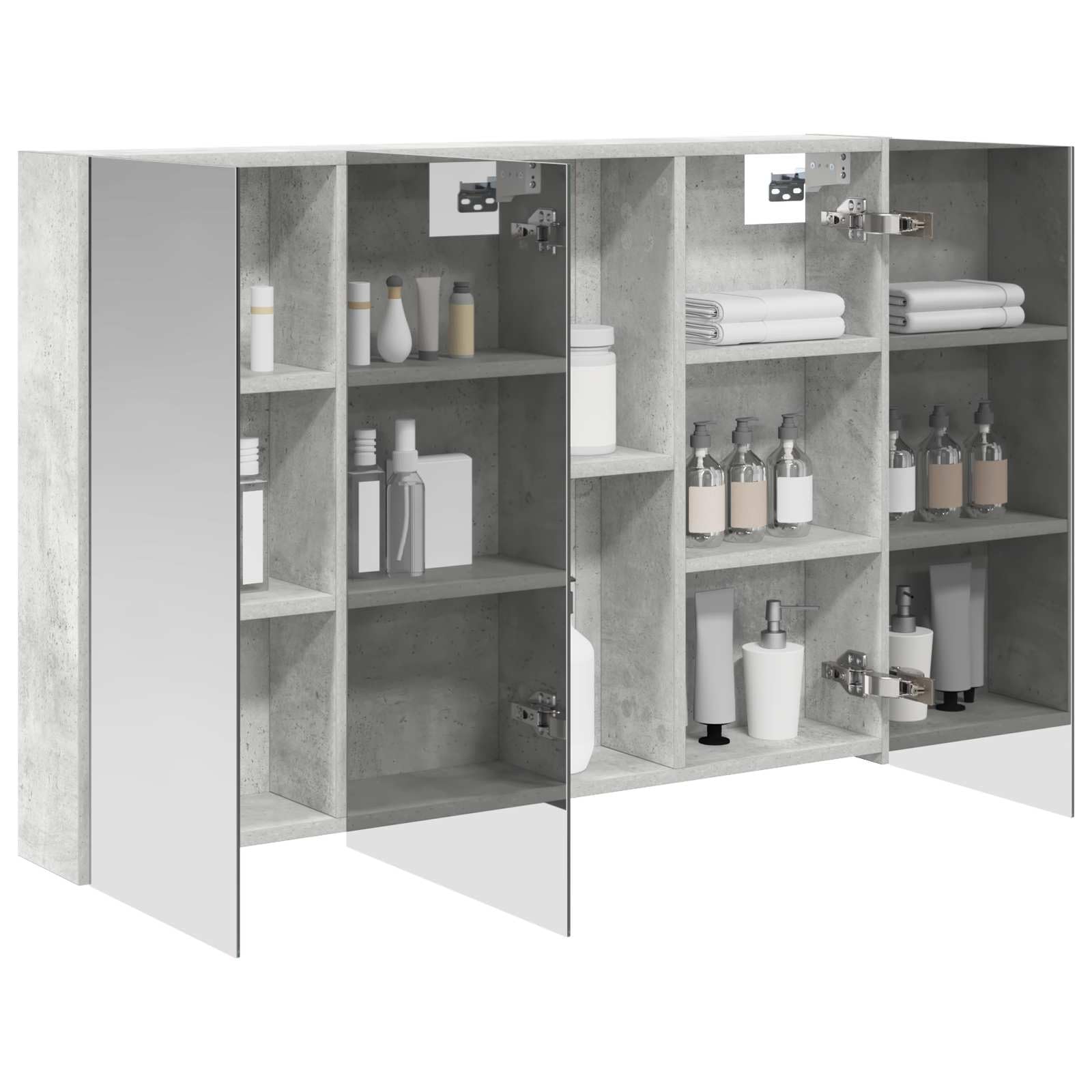 Armadietto da bagno a specchio grigio cemento con porta, 100 x 14,5 x 70 cm, in legno, montaggio a parete, con mensola, specchio double face, per bagno e WC degli ospiti