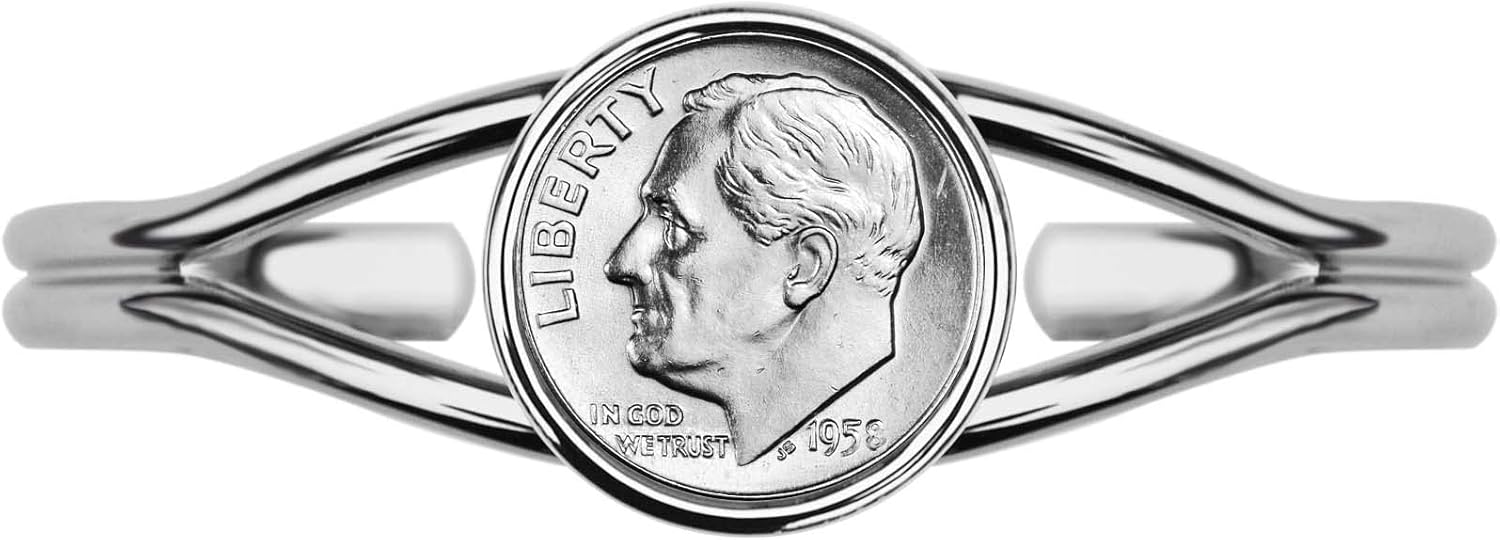US 1958 Roosevelt Dime 90% Silver 10 Cent Gem BU Uncirculated Coin Silver Plated Cuff Bangle Bracelet NEW