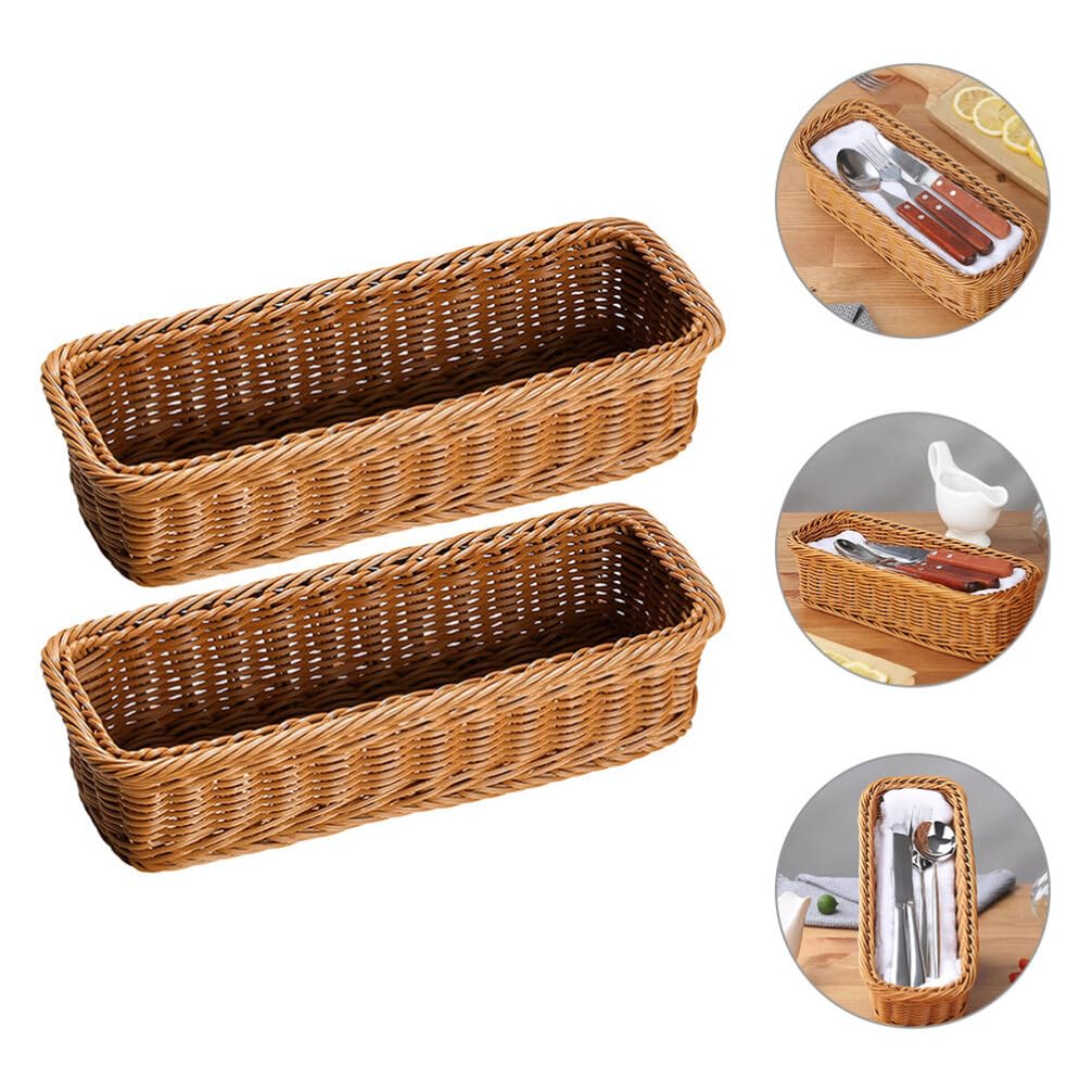 Cabilock 2pcs Wicker Rectangular Woven Baskets Bins Rattan Woven Utensils Holder Cutlery Organizer for Countertop Chopsticks Storage