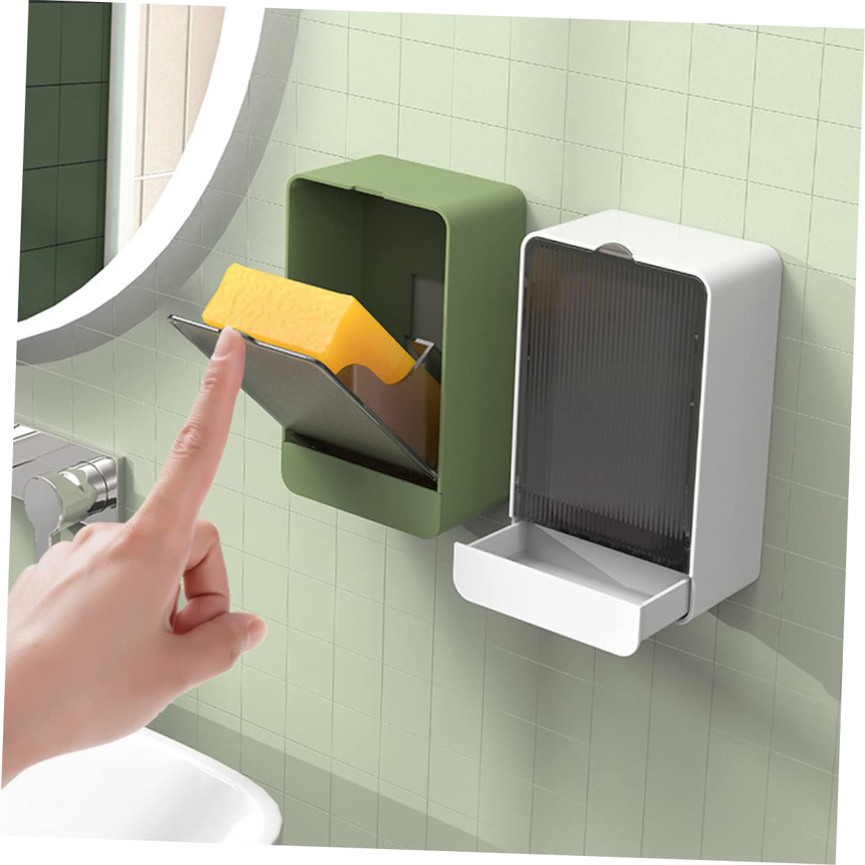 Jabonera con Drenaje, Soporte montado en la Pared, Barra de Caja 3 uds, Tira Montaje magnético for fácil Limpieza(Green)