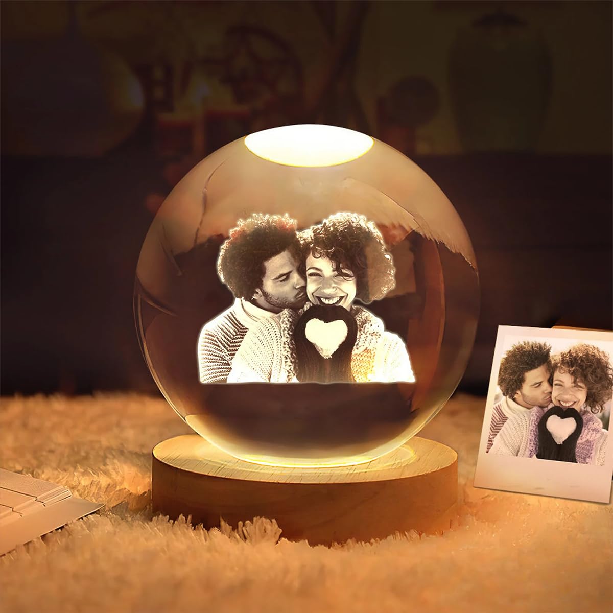 Personalized Photo Crystal Ball Night Light Snow Globe Glass Photo Snow Globe Lamp Engraved Wedding Anniversary Couple Engagement Gifts (8CM)
