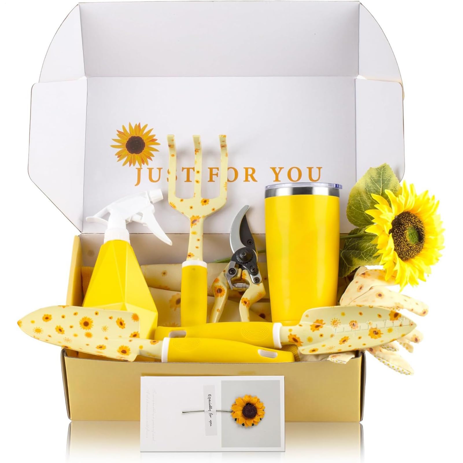 Attrezzi da Giardinaggio Manuali Robusti ed Ergonomici con Motivo Girasole | Kit con Rastrello Pala e Cesoie da Potatura Per Piantumare Diserbare Giardinieri Principianti Anziani e per Esterni