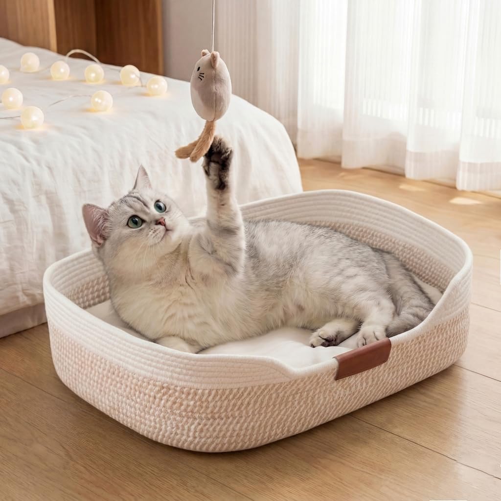 YOUDENOVA Cat Bed, Stimulicat Handwoven Cat Basket with Cushion | Instinct Basket for Cat, Cat Bed Basket, Cotton Rope Cat Scratcher, Kitten Bed for Medium and Large Cat, All Season Universal