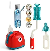 Bottle Cleaning Brushes Set with Stand for Baby Milk Bottle Nipple Straw, Silicone Bristle Baby Bottle Cleaner Brush with Lid Cleaning Brush for 360° Movable Easy Cleaning Brush 5 in 1 Set