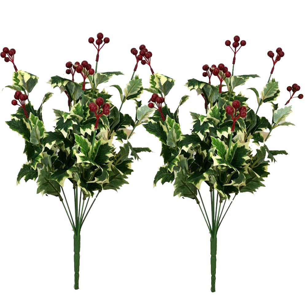2 Pcs Artificial Holly Leaves Berries Christmas Bush Home Table Centerpieces Decor Indoor Floral Arrangement