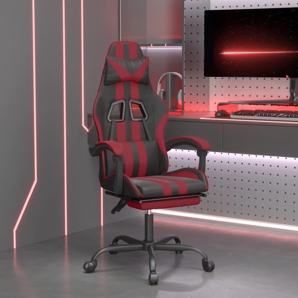 Fotel gamingowy z podnóżkiem, sztuczna skóra, kolor czarny, czerwone wino, obrotowy i z regulacją wysokości, wytrzymały metalowy stelaż, ergonomiczne krzesło biurowe do domowego biura i gracza