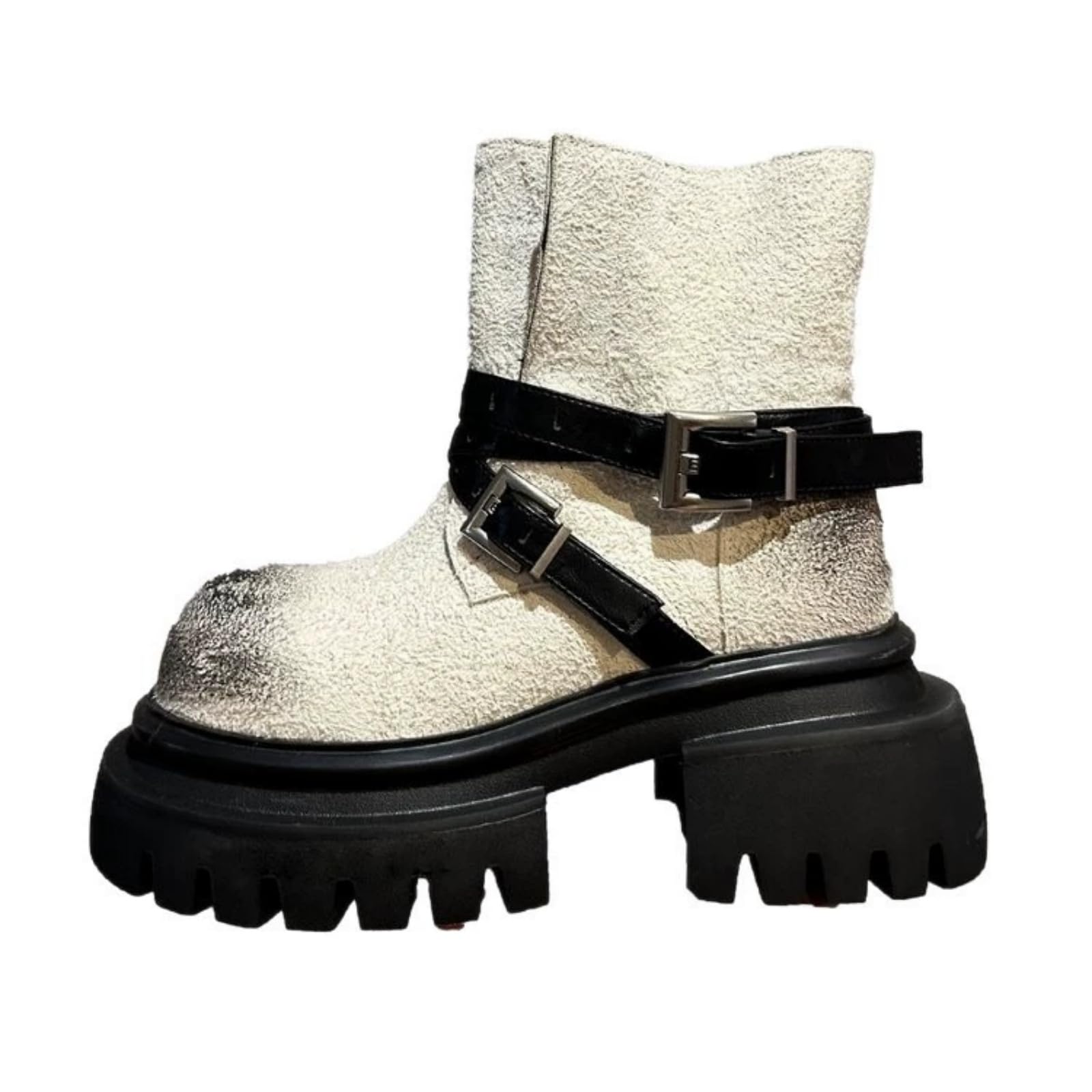 Womens Combat Motorcycle Boots Chunky Lug Sole Ankle Boots Fashion Two Buckles Casual Booties