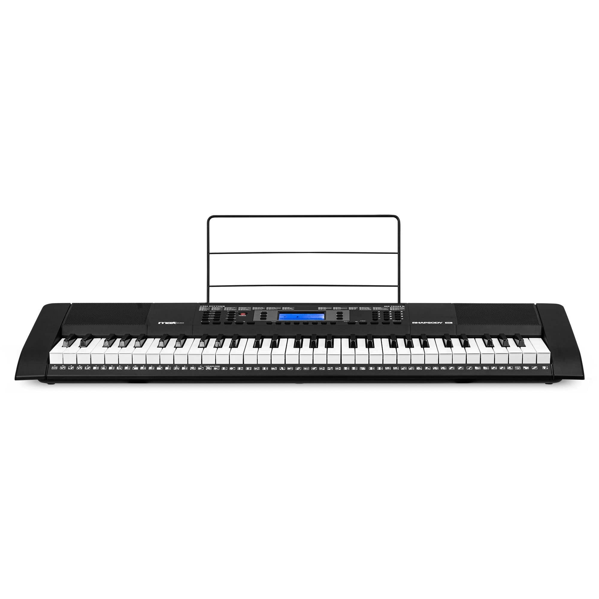 MAX Rhapsody61L Piano electrónico 61 teclas iluminadas - 600 sonidos y ritmos, pantalla LCD, función de aprendizaje, altavoces, MIDI, toma de auriculares - Perfecto para principiantes y profesionales