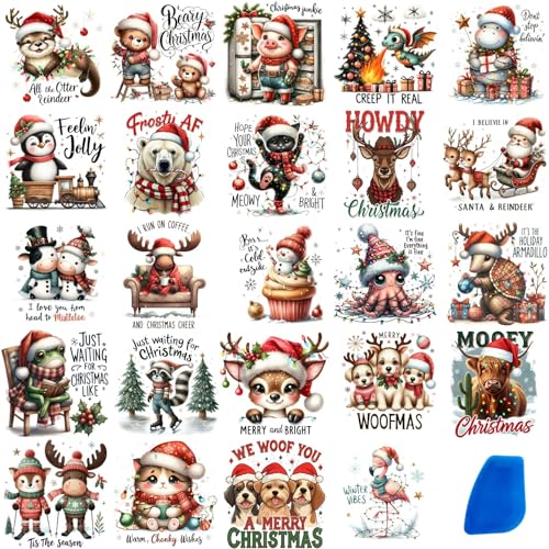 Image of ZMRU 24 Sheets Vintage Christmas Rub On Transfers for Crafts, Rub On Transfers Christmas for Wood,Furniture Decals, Glass, Porcelain, Leather, Canvas, Fabric Projects,3 * 3inch(Animal Party)