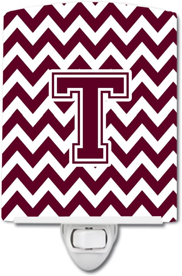 Caroline's Treasures CJ1051-TCNL Letter T Chevron Maroon and White Ceramic Night Light Compact, UL-Certified, Ideal for Bedroom, Bathroom, Nursery, Hallway, Kitchen, 6x4x3, Multicolor