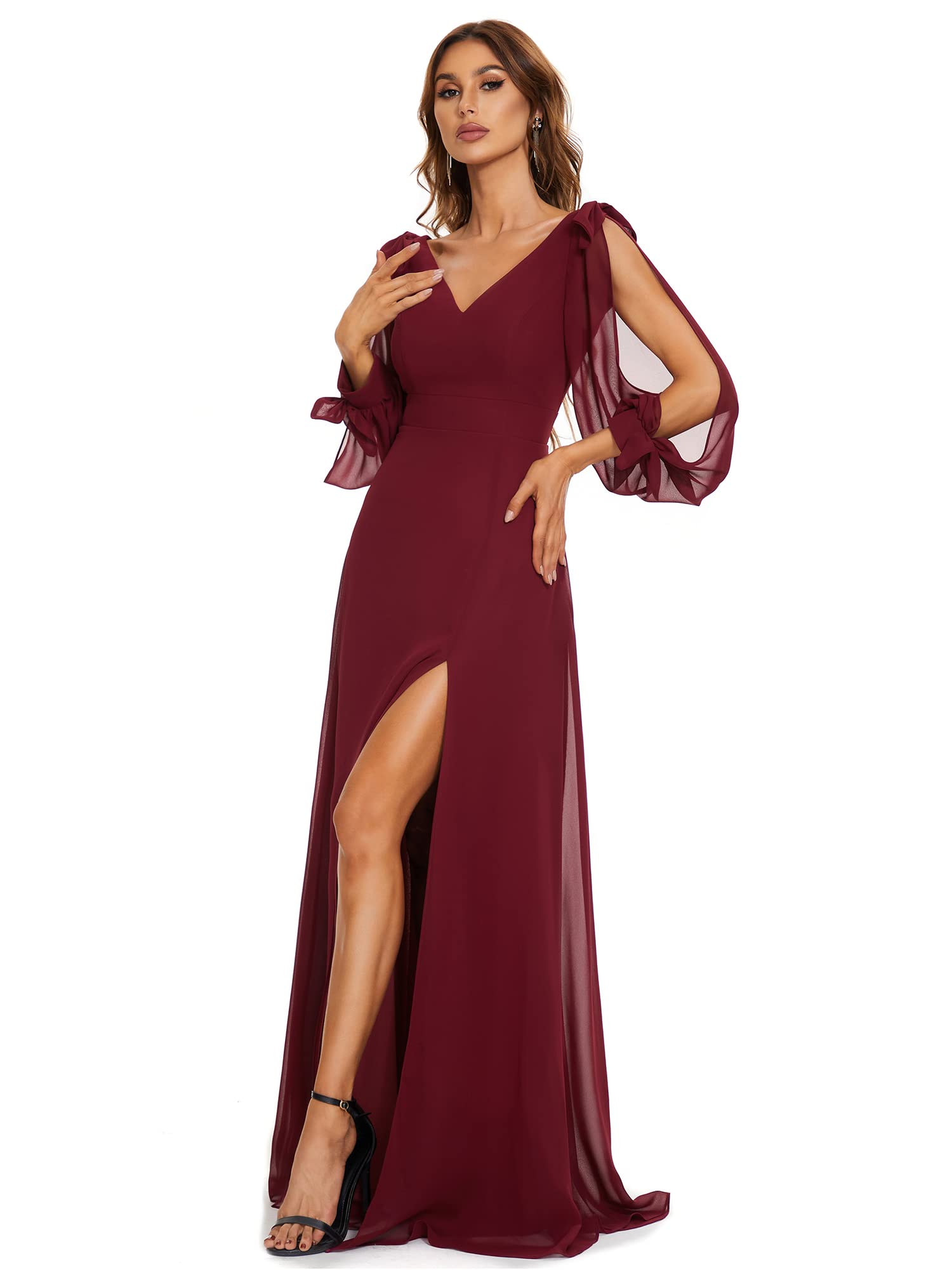 Ever-Pretty Vestido de Fiesta sin Respaldo Corte Imperio Escote en V Abertura Largo para Mujer Chiffón Elegantes 80116