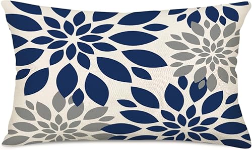 Fundas de almohada lumbar decorativas de color azul marino de 12 x 20 pulgadas, diseño geométrico floral elegante, gris, gris, beige, decoración
