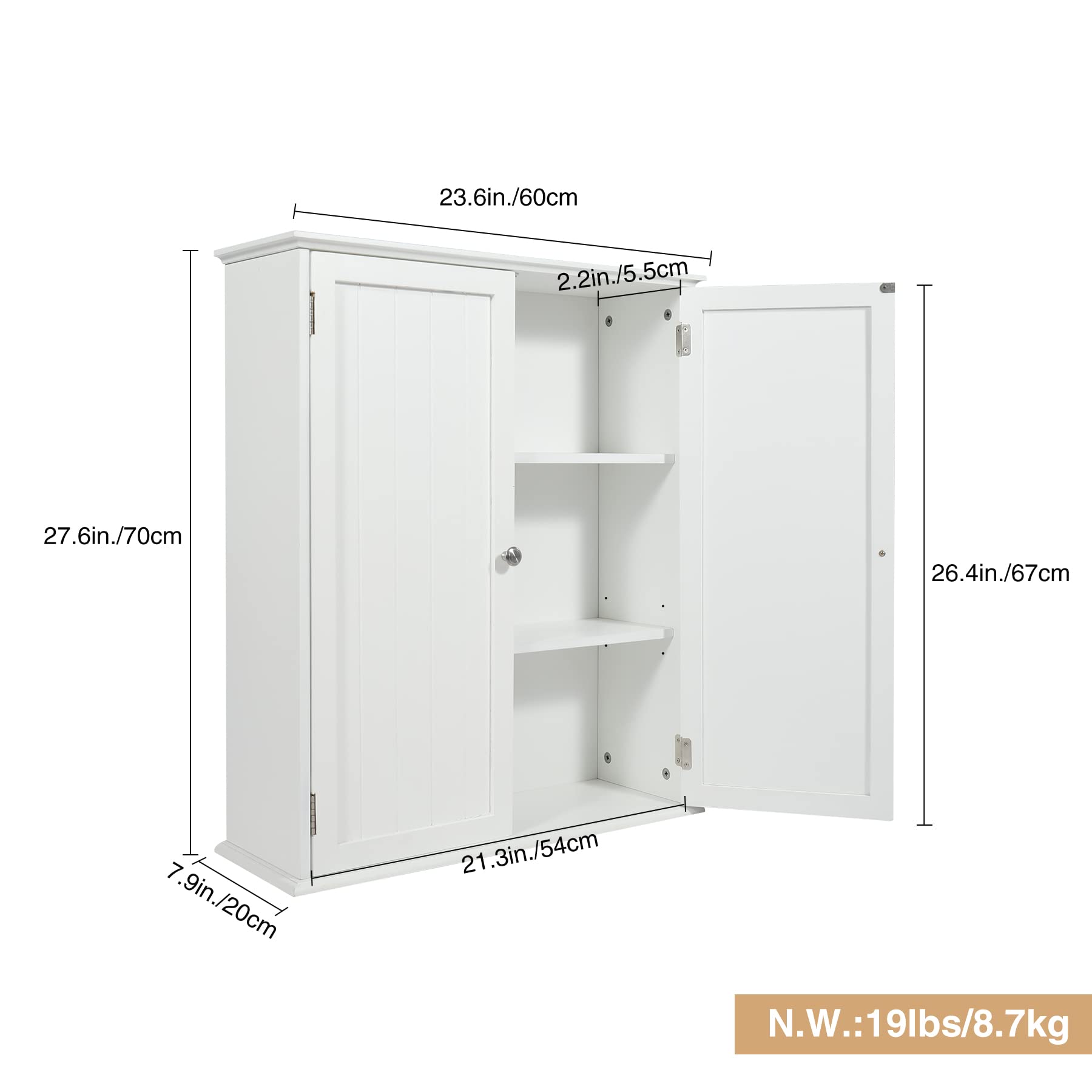 AKVOMBI Wall Mount Bathroom Storage Cabinet, White Bathroom Cabinet with Doors and Adjustable Shelves, Wall Cabinet for Bathroom Above Toilet, Medicine Cabinet Wall Mounted, Wood