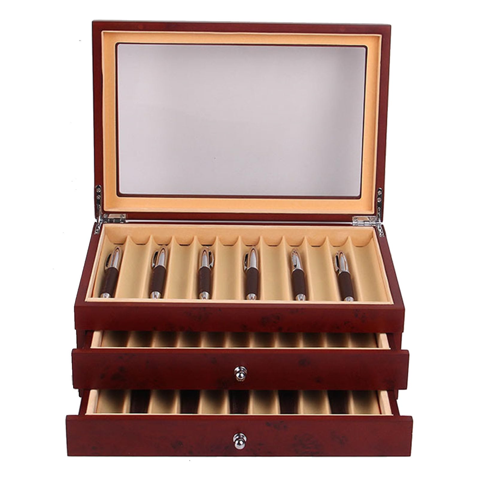 Scatola porta penne in legno con cassetto e finestra in vetro, grande organizer per collezione di penne, ottimo regalo per uomini, padri, fidanzati e mariti