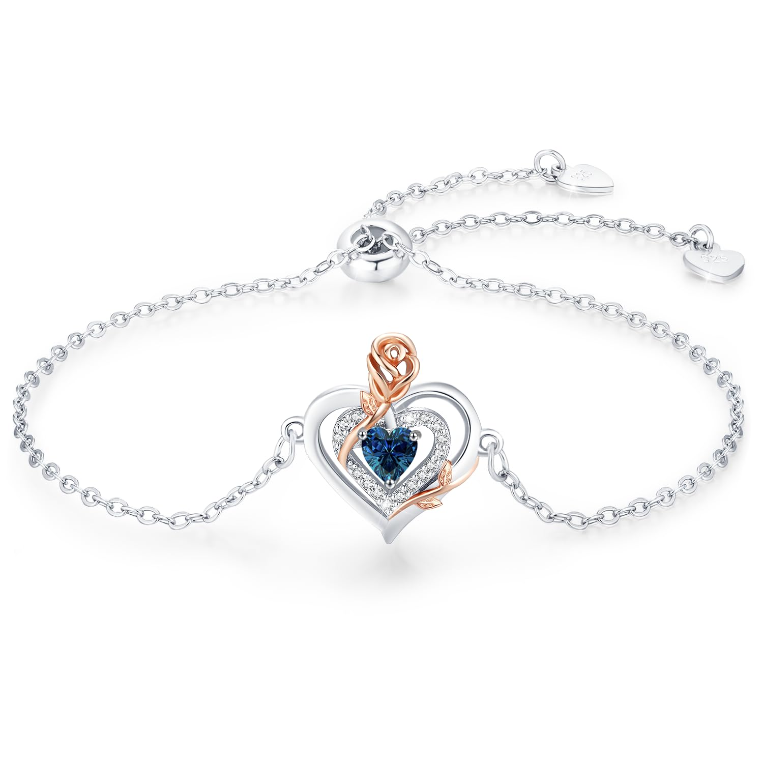 LAVUMO Armband Damen Silber 925 Echt/Messing Doppelherz Rose Blume Armbänder für Frauen Geburtsstein Schmuck Geburtstags Muttertags Geschenke für Frauen Freundin Verstellbar Armkette