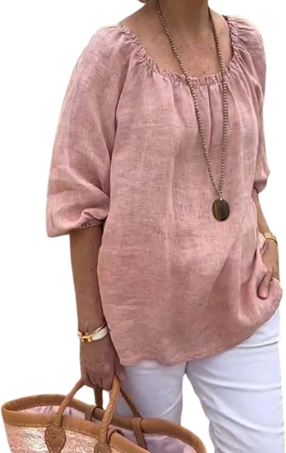 Summer Casual Womens Linen Shirt Round Neck Half Sleeve Linen Loose Pleated Tops Fashion Blouse T Shirt