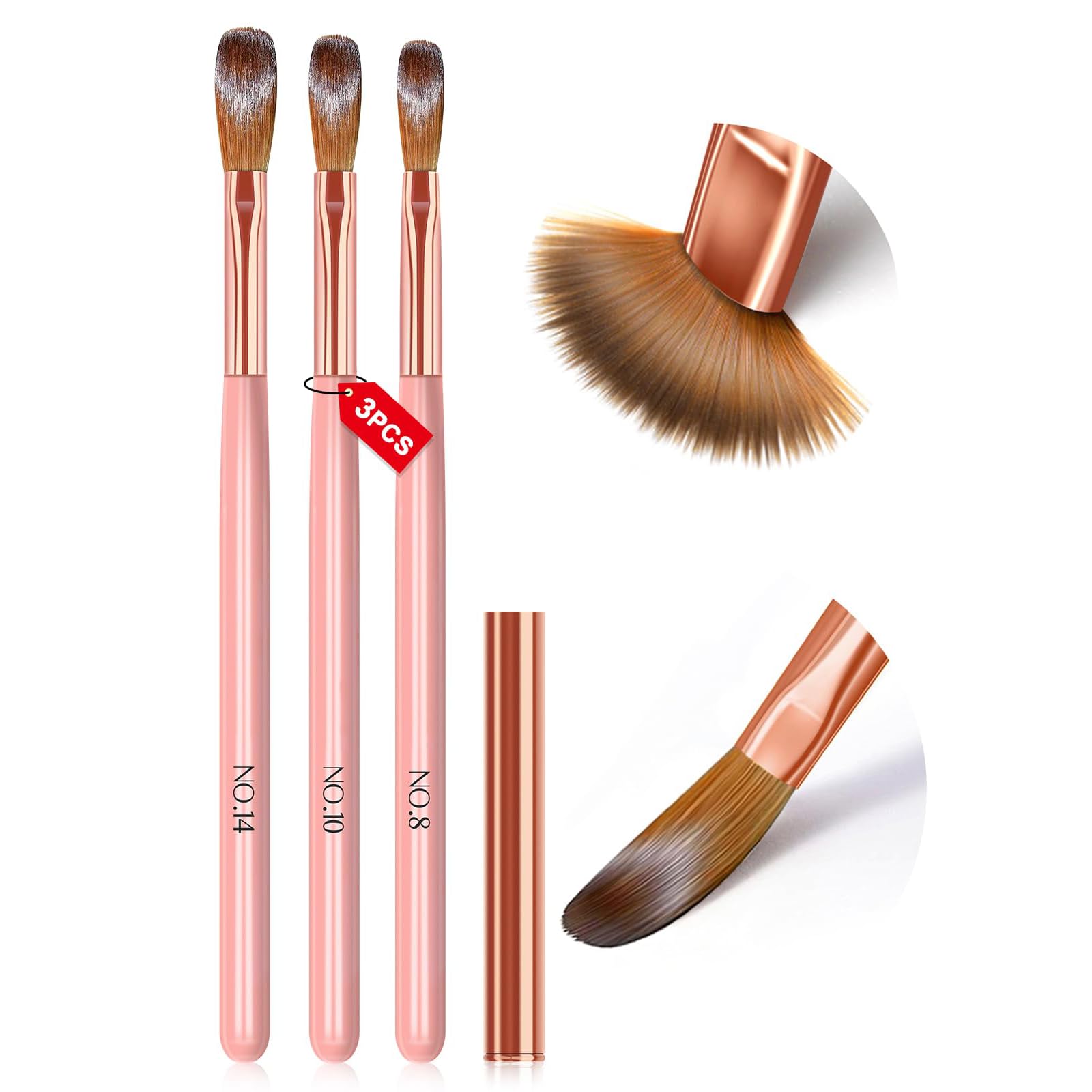 MAGIC ARMOR 3pcs Nylon Acrylic Nail Brushes, Size 8/10/14, Professional for Powder Application, Nail Extension, Carving