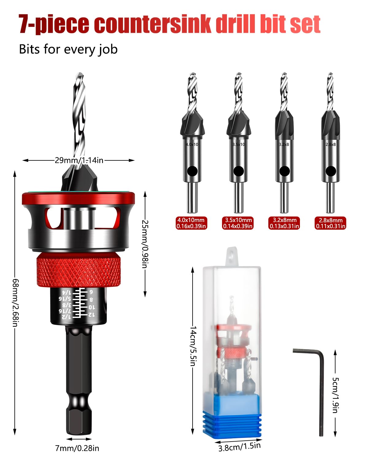 7PCS Countersink Drill Bit Set with Depth Stop Collar, HCS 4-Flute Cutters & HSS Taper Drill Bits, Anti-Burr Clean Drilling for Wood Plywood Plastic, Wrench & Screwdriver Included