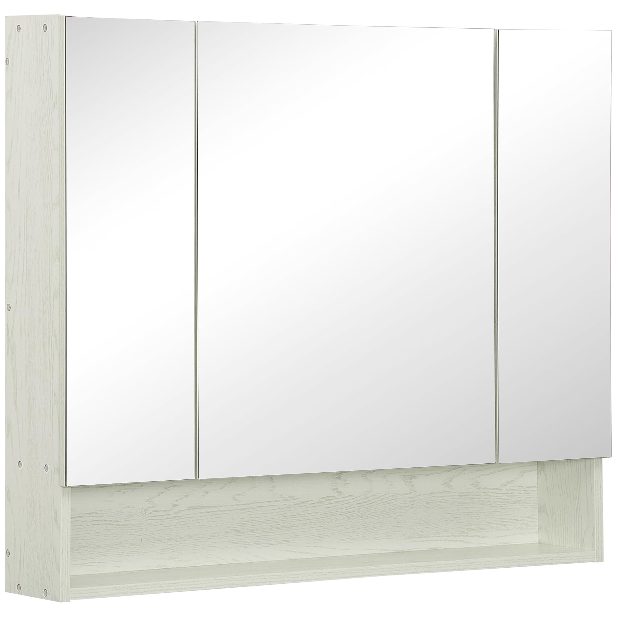 kleankin Specchio Bagno Contenitore con 3 Ante Soft Close, 90x15x75 cm Mobile Bagno con Specchio, Ripiani Regolabili, Scomparto Aperto, Mobilettto Bagno da Parete Salvaspazio in Vetro, Effetto Legno