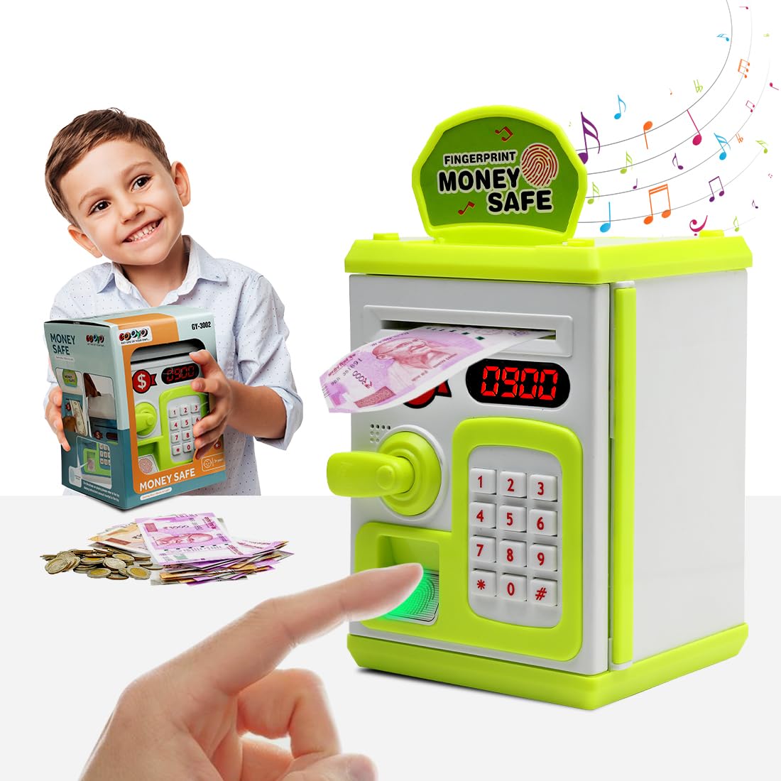 GOOYO Money Bank for Kids with Fingerprint Sensor and 3-Step Safe Password Protection - 3X AA Battery Not Included (Green)