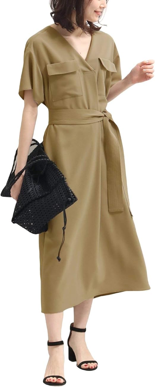 Amazon Co Jp ノーブル ビッグポケットニュアンスワンピース 36 カーキ 服 ファッション小物